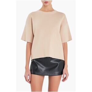 English Factory Ribbed Collar Knit Elbow Half Sleeves Sweater Top Beige L